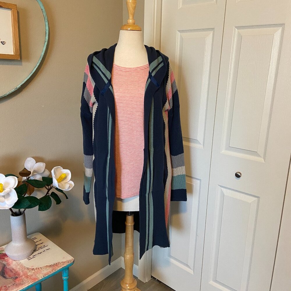 Evy's Tree The Rory Sweater - Medium, Dark Blue Pink, Cream, light Blue Stripes